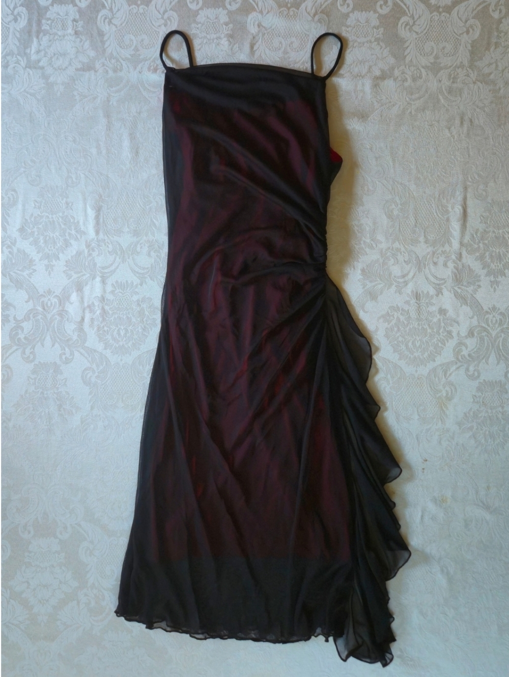 Black Spaghetti-Strap Red Lining Midi Dress Side Ruffle Party Evening Size S, XS